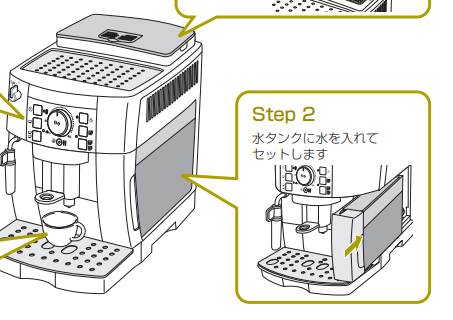 マグニフィカSの説明書。水タンクは手前にスライドする旨が記載されている。